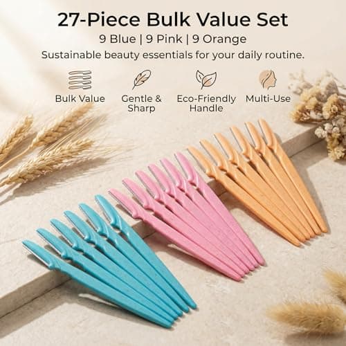 Eyebrow Razor 27-Pack, Multipurpose Dermaplaning Tool with Safety Cover, Eco-Friendly Wheat Straw Handle & Precision Stainless Steel Blades for Men & Women (Blue, Pink, Orange) — view 2