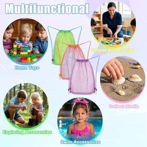 hankousi 3pcs Kids Beach Toy Bags - Large Mesh Drawstring Backpacks for Sand Toys Storage, Lightweight Durable Shell Collecting Nets for Outdoor Beach Vacations, Sandbox Play — view 5