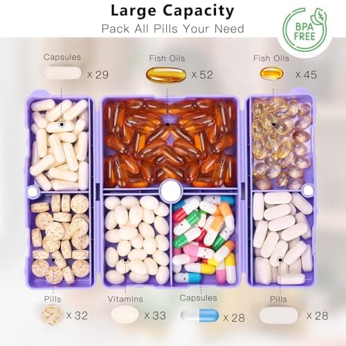 FYY 7 Day Pill Organiser, Travel Tablet Box, Large [Foldable Design] Weekly Medication Case, Portable Daily Supplements Storage Organizer for Vitamins, Cod Liver Oil-Purple — view 2