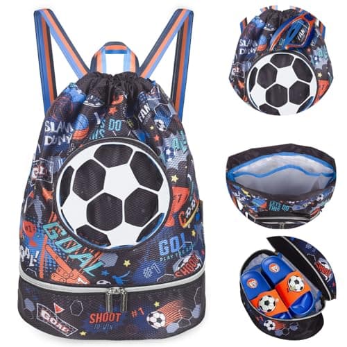 PinkSheep Swimming Bag for Kids, Gym Drawstring Backpack for Girls Boys - Waterproof Beach Bags with Shoes Compartment and Wet Proof Pocket for Swimming Pool Beach Travel School (Football)