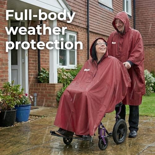Days Wheelchair Poncho – Waterproof Rain Cover for Wheelchair Users, Full Body Protection with Hood, Zip Closure & Rear Vents – Lightweight, Easy-Fit Mobility Poncho – Burgundy, 133 x 100cm — view 2