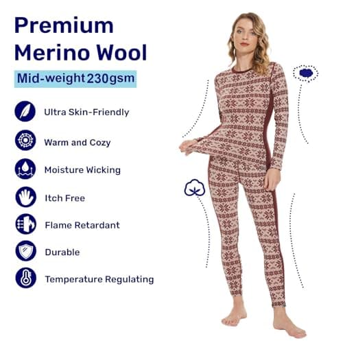 100% Merino Wool Base Layer Set Women - Thermal Underwear Long Johns PJs — view 2