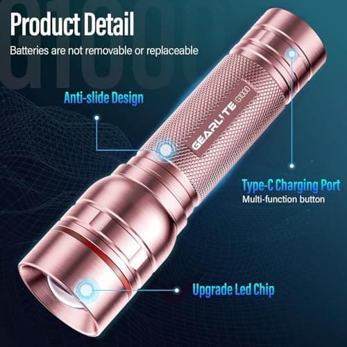 GEARLITE Rechargeable LED Torch, 2000LM Torches LED Super Bright with 3 Modes, Portable Small Torch with Battery, Waterproof Flashlight Zoomable for Power Cut, Emergency, Camping, Hiking, Outdoo- Pink — view 4