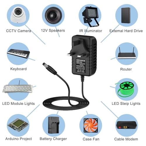 12V 1A Power Supply Adapter, AC Adapter 100-240V to 12v DC Power Adapter Driver Transformer Universal for LED Strip Lights, Router, CCTV Camera, Monitor, ADSL Cats Etc (Black) — view 5