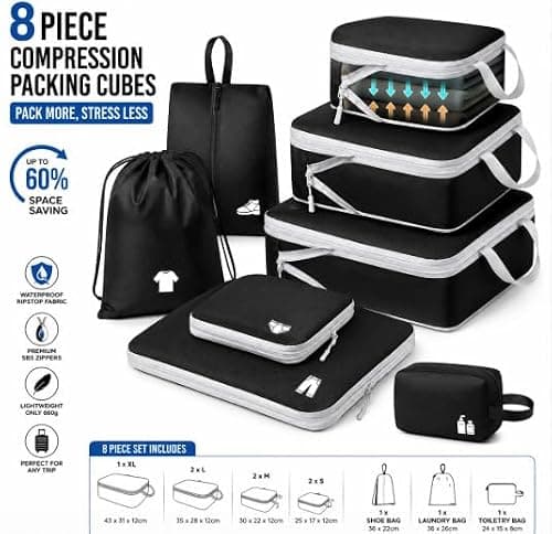 NEXURGE Compression Packing Cubes for Suitcases, 8 Piece Travel Organiser Set with Double Zip Compression, Waterproof Ripstop Fabric, Shoe & Laundry Bags, Lightweight Luggage Packing Cubes — view 2