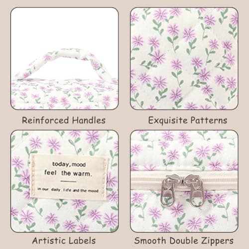 Aucuu 3PCS Coquette Makeup Bag, Quilted Makeup Bag for Women, Floral Cotton Cosmetic Bag Set, Large Capacity Aesthetic Floral Toiletry Bag, Travel Toiletry Bag, Wash Organizer Pouch for Women Girls — view 3