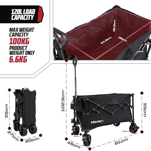 MoverX 120L Festival Trolley on Wheels, Folding Wagon, Portable Camping Cart, Collapsible Foldable Trolly for Beach Outdoor Garden Picnic Shopping Fishing, Wide Wheels, Adjustable Handle, Black — view 3