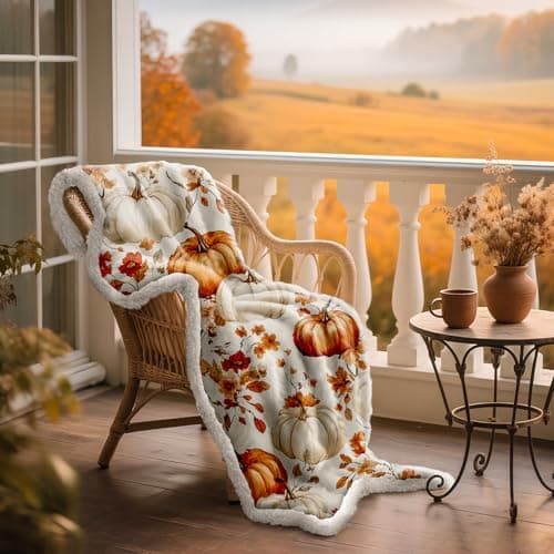 Lanpn Fall Pumpkin Flannel Throw Blanket, 460GSM Soft Warm Sherpa Fleece Throws, Orange Pumpkins Leaves Blanket for Couch Bed, Cozy Autumn Throw Blankets Farmhouse Thanksgiving Home Decor, 130x150 — view 6