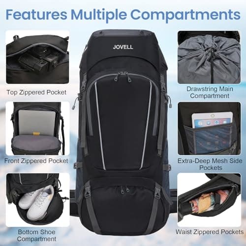 JOVELL Hiking Backpack for Men Women, Large Capacity Durable Trekking Backpack with Rain Cover, Waterproof Lightweight Camping Backpack for Backpacking Travel Mountaineering (Black) — view 3