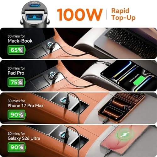 100W Car Charger Adapter, USB C car Cigarette Lighter USB Charger Car Adapter 12V USBC Socket Fast Charging for i-Phone 17,16 Pro Max,Sam-sung S26,Quick Charge Protocols & Intelligent Charge Feature — view 4