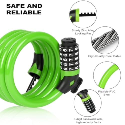 Ainiv Bike Lock, High Security 5-Digit Combination Coiling Cable Lock, 1.2mx12mm, Heavy Duty Bike Lock with Mounting Bracket, for Bike, Motorbike, Scooter, Gate, Fence, Green — view 2