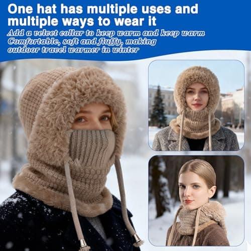Ashloter 3 in 1 Beanie Hat for Women, 3in1 Thermal Winter Balaclava Knitted Hood with Scarf and Face Mask, Windproof Warm for Outdoor Skiing Hiking Running Skiing Cycling Ladis Men (Khaki) — view 6