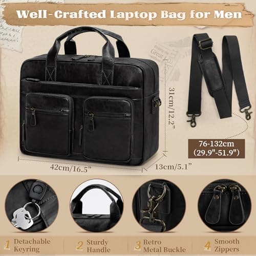 RAINSMORE Messenger Bags for Men Vintage Briefcase PU Leather Laptop Bag 15.6 Inch Satchel Bag for Work Business Office College Trip School Black/Brown/Dark Brown Black — view 5