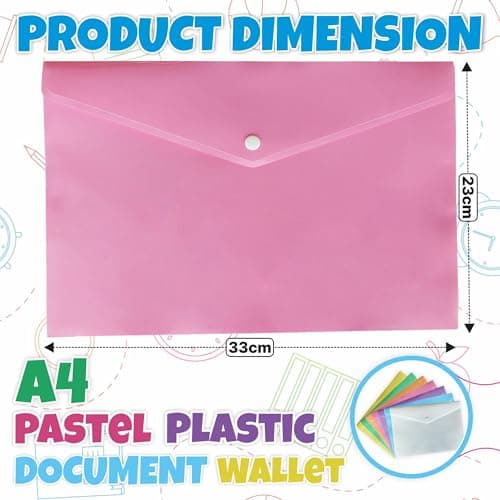 M1SS Pack of 10 Plastic Wallets A4 [33 x 23cm] Waterproof Plastic Folders for Documents Pink Popper Wallet A4 with Snap Button for Home, Office, School and Travel Stationary Paper Filing — view 2