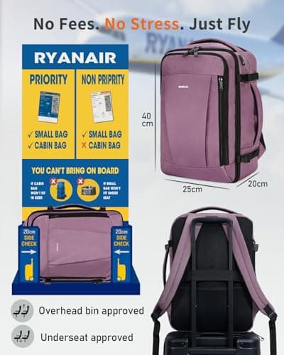 ECOHUB Ryanair Cabin Bag 40x20x25 Underseat Travel Bag 9 Pockets Hand Luggage Backpack Recycled PET Eco Friendly Rucksack for Women & Men Carry on Bag with USB Port, 20L, Pink — view 2