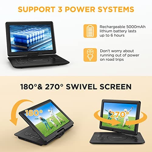 DBPOWER 16.9" Portable DVD Player with 14.1" Swivel HD Large Screen, with 6 Hrs 5000mAH Rechargeable Battery, High Volume Speaker, Support DVD/USB/SD Card and Multiple Disc Formats — view 5
