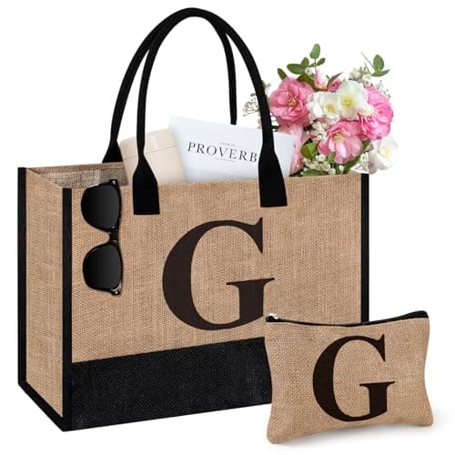 Tecanne Initial Jute Tote Bag & Makeup Bag, Birthday Gifts for Women Her Mum Teacher, Suitable for Wedding, Beach, Holiday (G)