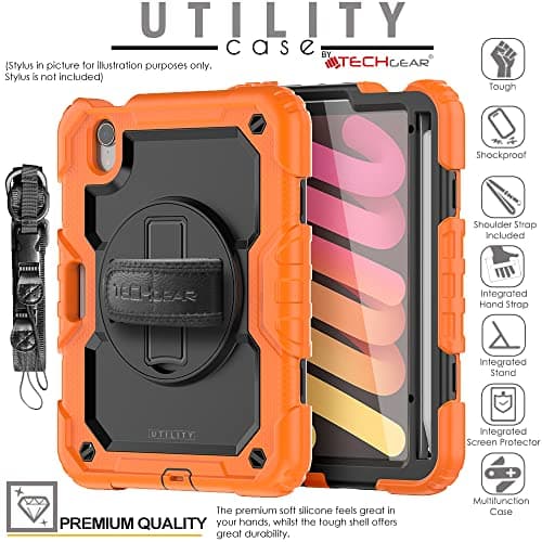 TECHGEAR UTILITY Case for iPad Mini 7/6, 8.3" - Tough Rugged HEAVY DUTY Armour Shockproof Case with 360 Rotating Stand, Hand and Shoulder Strap - Orange — view 2