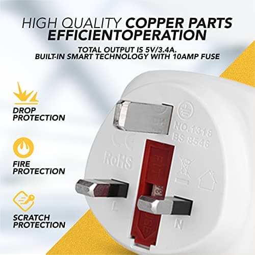 EU to UK Plug Adapter | Type C Europlug | 2 Pin to 3 Pin | BS8546 Certified | 13A Fuse | Travel Adaptor for Phone, Laptop & Camera Chargers | Pack of 3 (White) — view 3