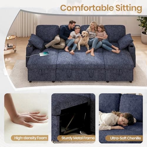 Corner Sofa Bed, Convertible U-Shaped Sofa with Double Storage Chaise, USB & Type-C Ports, 4 Seater Pull Out Sofa Couch Bed with 2 Cup Holders and 2 Pillows for Living Room, Chenille Blue — view 6