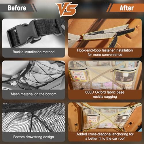 Car Ceiling Cargo Net,31.5"x21.6" Car Overhead Storage Mesh Organizer,Double Layer Roof Mesh Camping Overlanding Gear Must Haves Cargo Net,Road Trip Essentials（ Beige） — view 3