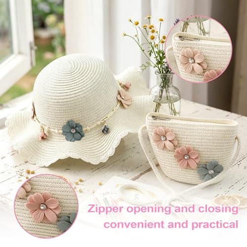 Little Girls Handbag Set, Girl's Straw Bag with Flower Sunglasses&Straw Hat — view 5
