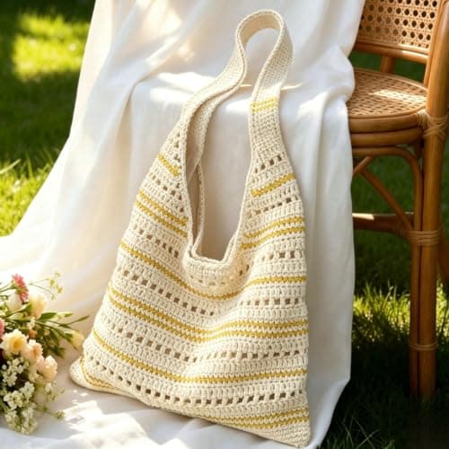unisoul Striped Knitted Beach Bag for Women，Crochet Tote Bag with Zipper and Lining, Boho Summer Shoulder Bag for Holiday Travel, Lightweight Aesthetic Mesh Handbag, Foldable Shopping Bag, Yellow — view 3