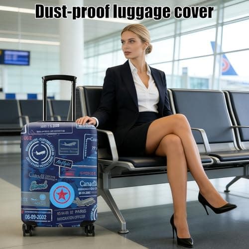Kaket Suitcase Cover, Elastic Luggage Cover for 18-28Inch Luggage, Travel Suitcase Covers, Dustproof & Scratchproof Luggage Protector (Stamp-Blue, S(18"-21" Luggage)) — view 4