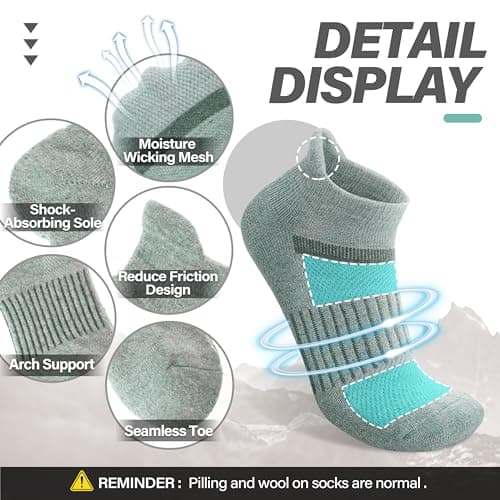 MOSEY KOSY 6 Pairs Merino Wool Women Men Unisex Ankle Running Walking Hiking Work Thermal Winter Warm Socks Compression Support Breathable Thick Cushion Socks(Mixed Light Color,3-7) — view 4