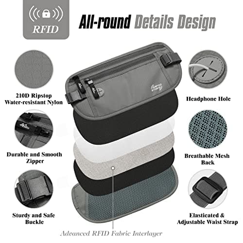 MoKo Secure Money Belt for Travel, RFID Block Undercover Hidden Travel Wallet for Men & Women, Grey — view 6