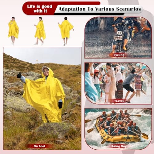 CHGANG Waterproof Poncho Adult, Reusable Rain Poncho Lightweight Waterproof Raincoat Emergency with Hood for Outdoor Hiking Camping Cycling Traveling (Yellow) — view 6