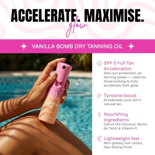 2bTanned Carrot Oil (100ml Travel Size), Dry Tanning Oil for Golden Glow, Easy To Apply Sun Tan Accelerator with Tyrosine Vitamins A & E, Lightweight Non Sticky Formula, Vanilla Bomb — view 2