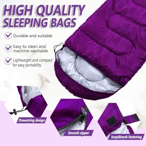 Sleeping Bags for Adults & Kids Sleeping Bag 3 Season, Ultralight Carry Bag, Adult Blanket, Lightweight Compact for Outdoor Camping, Travel, Hiking, Indoor & Outdoor Use (Purple) — view 5