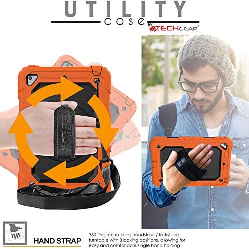 TECHGEAR UTILITY Case fits Apple iPad Mini 5th Gen 2019 / iPad Mini 4 Tough Rugged HEAVY DUTY Armour Shockproof Protect Case 360 Degree Rotating Stand, Hand Strap and Shoulder Strap Case - Orange — view 5