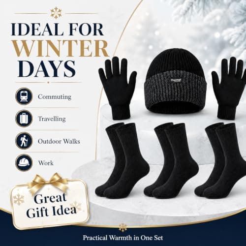 Mens Hat and Gloves Set with 3 Pairs Warm Thermal Socks for Winter Wear — view 6