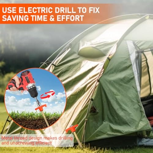 RIZENCE® 20 Pack Strong Tent Pegs Metal Heavy Duty with Carry Case - 20cm Screw In Tent Camping Pegs with Drill Adapter, Rock Pegs for Hard Ground for Camping, Galvanised Steel Rust-Resistan — view 5