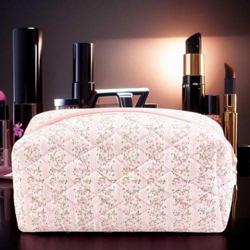 Square Floral Cosmetic Bag for Women, Quilted Large Capacity Makeup Pouch with Zipper Closure - Aesthetic Cotton Travel Toiletry Organizer (Pink) — view 3