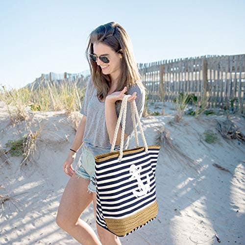 flintronic Women Beach Bag | Canvas Travel Tote Bag | Large Shoulder Bag with Rope Handle for Beach, Holiday, Shopping, Traveling (45cm*32cm*14cm) Anchor Pattern Design (Blue) — view 2