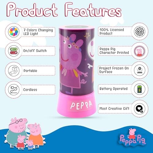 SRV Hub Peppa Pig LED Projector Night Light for Kids – 19cm Cylinder Table Lamp – Battery Operated Rotating Desk Light for Bedroom Nursery Gift for Baby Toddler Girls Boys Ages 3+ — view 3