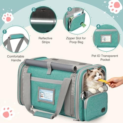 BTNEEU Soft Sided Cat Carrier Bag Airline Approved Large Pet Carrier Portable Dog Carrier Ventilated Foldable Pet Travel Carriers Bag For Cats With Shoulder Strap & Washable Mat (Lake Green) — view 4