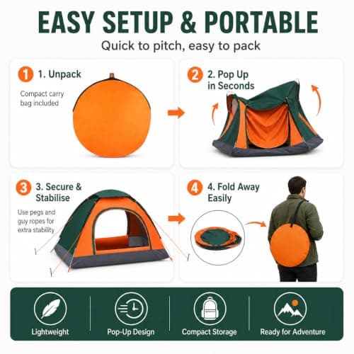 Veathzet 2–3 Person Pop Up Camping Tent, Waterproof Dome Tent with Double Doors & Mesh Windows, Easy Set Up Lightweight Festival Tent for Outdoor Camping, Hiking & Family Trips — view 6