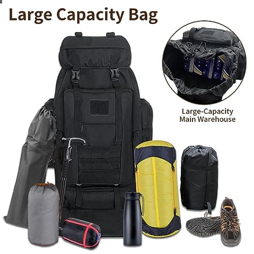 Vaupan 70L/100L Hiking Backpack with USB Charging Port, Expandable Large Military Tactical Backpack, Waterproof MOLLE Rucksack Travel Backpacking Pack for Camping Climbing (Black) — view 6