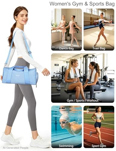 Small Gym Bag for Girls Kids,Sport Duffle Bag for Women Fitness Workout, Travel, Dance, Ballet, Swim with Shoes Compartment & Waterproof Pocket,Easy Carrying Pu Leather Handle (Sky Blue,16"-Small) — view 6