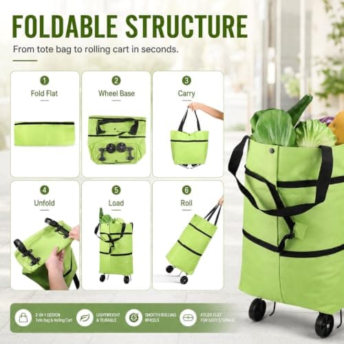 2-in-1 Foldable Shopping Cart with Wheels, Reusable Waterproof Collapsible Grocery Tote Bag, Portable Shopping Trolley for Supermarket, Laundry & Travel — view 2