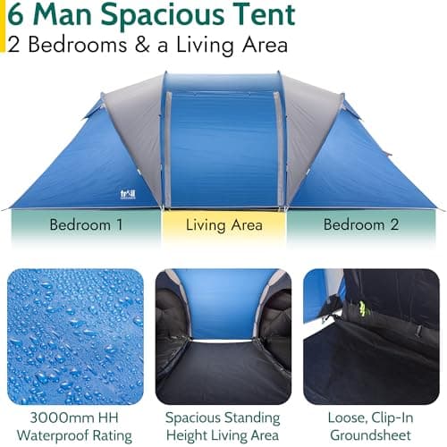 Trail Hartland XL 6 Man 2 Room Tent with Living Area, 3000mm HH Waterproof Rated, 2 Darkened Bedrooms, Easy Pitch Family Camping Tunnel Tent, King Pole Awning, Storage Bag, L560cm x W220cm x H190cm — view 4