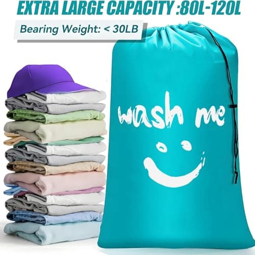 2 Pack Large Laundry Bags,24"" x 36"" Portable Travel Laundry Bag with Drawstring Cord,Travels Laundry Bags for Dirty Clothes, Ideal for Travel, Home, Dormitory (Smile(Cyan + Pink)) — view 6