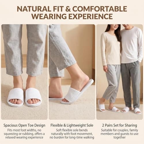 ASTRQLE 2 Pairs White Waffle Spa Slippers Open Toe Disposable Hotel Slippers for Men Women Non Slip Travel Slipper for Party Home Hotel Use — view 6
