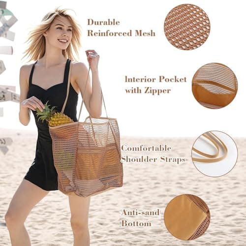MSLSOZ Reusable Shopping Bag, Mesh Beach Tote Bag, 22L Khaki Shopping Bag with Double Handles, Bag for Women — view 5