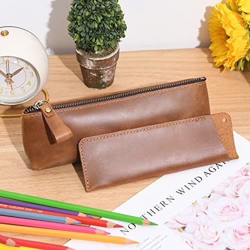 WONDERPOOL Leather 1pc Pencil Case & 1pc Fountain Pen Holder - Portable Compact Drawing Marker Pen Stationery Pouches for School Office Travel Organizer (Light Brown) — view 2