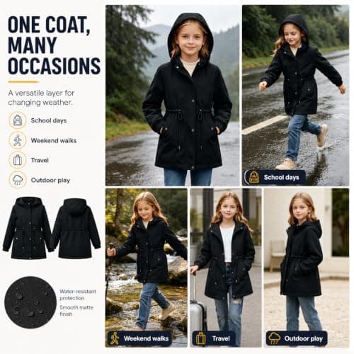 Slxbear Girls Waterproof Coats Kids Rain Jacket Windproof Windbreaker Solid Full Zip Up Button Raincoats with Pockets Long Sleeve Autumn Outwear Teens School Casual Clothes13 Years — view 5